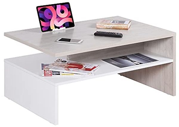 RICOO Kleiner Tisch 90 x 60 x 42 cm Holz Weiß und Eiche Hellbraun Beige WM080-W-EP, Fernseher TV Wohnzimmertisch Couchtisch mit Stauraum