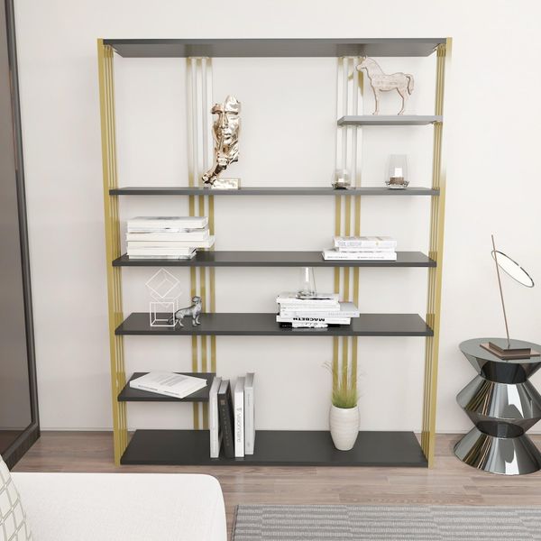 Stylish Anthracite & Gold Bookshelf, 120 x 160 x 29.6 cm | 100% Melamine Coated Particle Board, 18 mm Thick | Perfect for Modern Home Decor