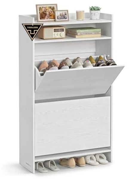 SONGMICS Home Schuhschrank 2 Klappen, superschnelle werkzeuglose Montage, Toolless-Technologie, Schuhkipper schmal, Schuhaufbewahrung, Trennwand verstellbar, modern, schneeweiß LBC228WE01