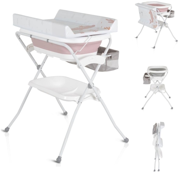 Cangaroo Babywanne Wickeltisch Como 2 in 1 faltbar, Wickelauflage, Zubehörfach rosa