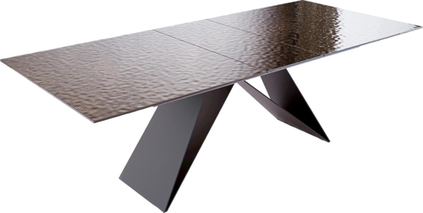 Esstisch Edge 180-220x100 Reliefglas Rauchschwarz 3D-Design V-Gestell Flachstahl Schwarz ausziehbar