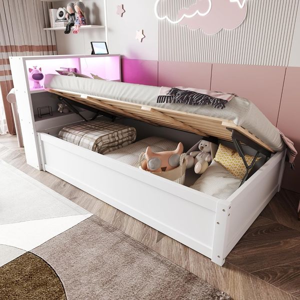 Ball & Cast Einzelbett (90x200 cm) mit Hydraulisch Stauraum, Sofabett mit Mehrfachsteckdose und Lichtleiste, Einfach & Zeitsparend Montierbar, Weiß