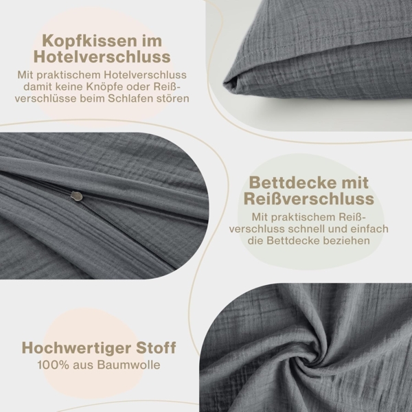 Blumtal Bettwäsche Musselin 100% Baumwolle im Set, Kopfkissenbezug & Deckenbezug, 3 teilig Bild 4