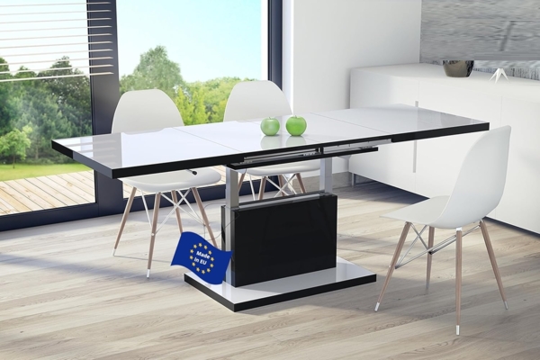 Mazzoni Couchtisch Aston Weiß-Schwarz Hochglanz höhenverstellbar ausziehbar 120 - 200 cm, Funktionstisch, Wohnzimmertisch, Tisch, Esstisch, Sofatisch