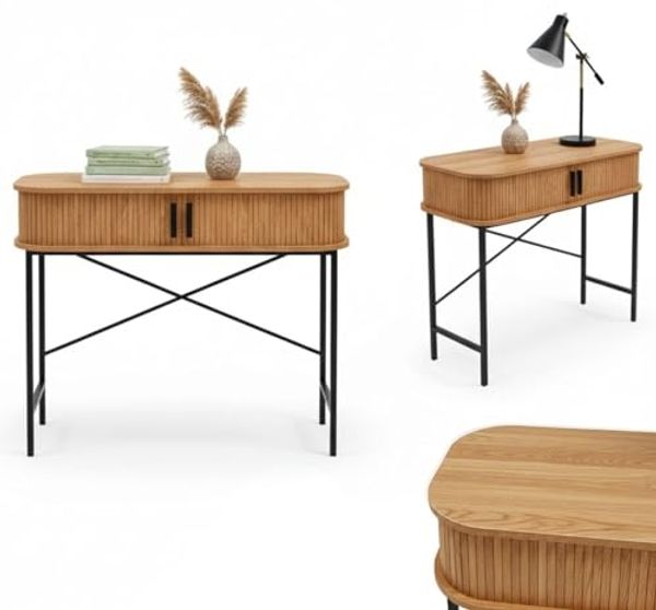 EDAXO Schreibtisch Konsole mit Schiebetüren SCAVA, geriffelt, 100 x 35 x 80,5 cm (funktional, Einzelmöbel), Lamellenfront Bild 4