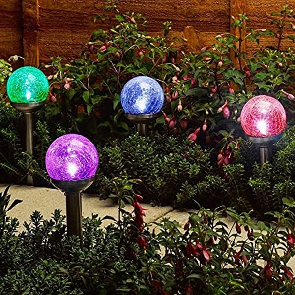 Haushalt International LED Solarleuchten 4er Set – Crackle-Glas – Umschaltbar Weiß & Farbe – Gartenleuchten Solarbetrieben – Außenbeleuchtung Deko