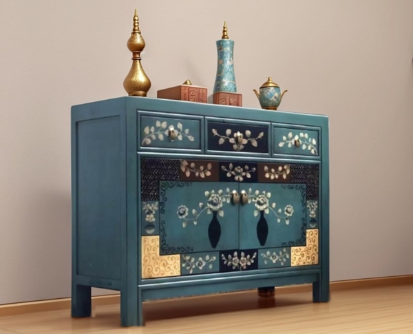 Vintage Kommode Blau Beige verziert chinesisch Schrank Sideboard Kolonial-Stil Antik-Stil Lowboard asiatisch orientalisch Fernost shabby-chic Landhaus