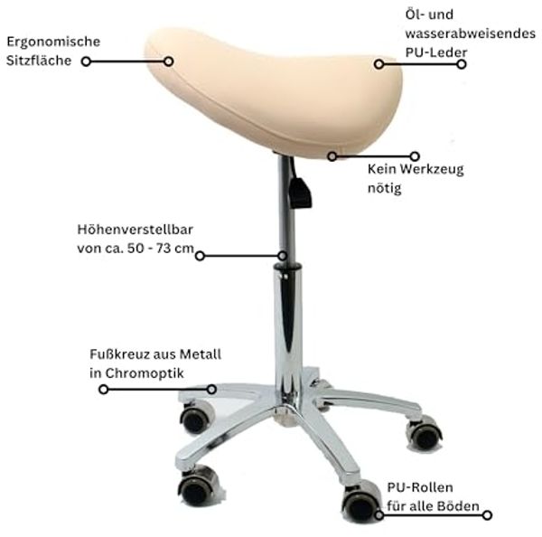Duke-Handel Drehhocker Sattelhocker, Arbeitshocker, Bürohocker mit Metallfuß (1 St, Rollhocker mit oder ohne Fußring), stufenlosen Höhenverstellung von 50 bis 73cm, Belastbarkeit ca. 230 kg Bild 7