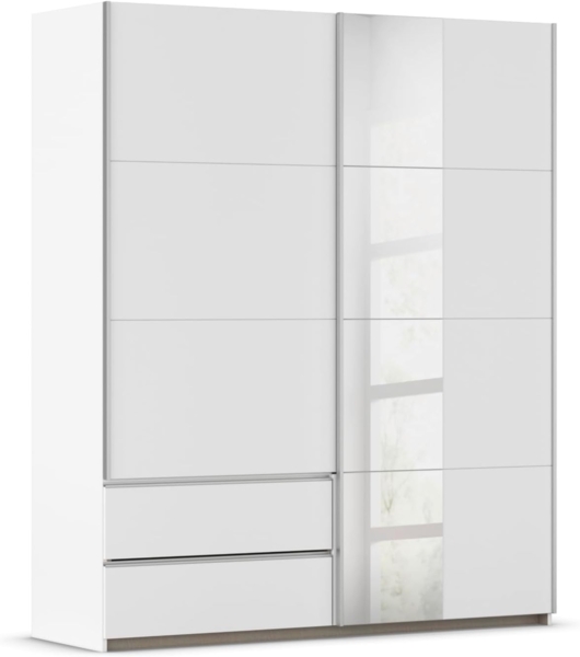 Rauch Möbel Stoke, Schwebetürenschrank, Kleiderschrank, Garderobe, 2-türig, 1 Spiegeltüre, 2 Schubladen, mit Zubehörpaket Classic, 4 Einlegeböden, Farbe Weiß, Griffleisten Alufarben, 175 x 210 x 59 cm