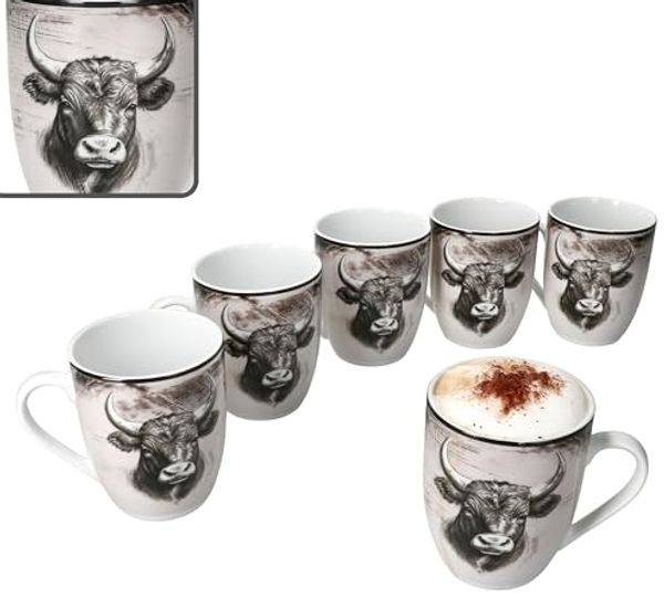 MamboCat Becher Toro 6x Kaffeebecher 280ml Porzellan-Tassen 6 Pers Alm Kuh Landhaus, Porzellan