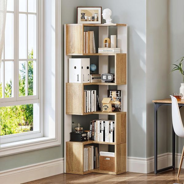 YITAHOME Bücherregal, 6 Etagen Eckregal, L-förmiges Regal, deko Wohnzimmer Schlafzimmer Arbeitszimmer, Regaleinheit, 23.3''L x 15.2''W x 62.8 ''H, weiß & Eiche