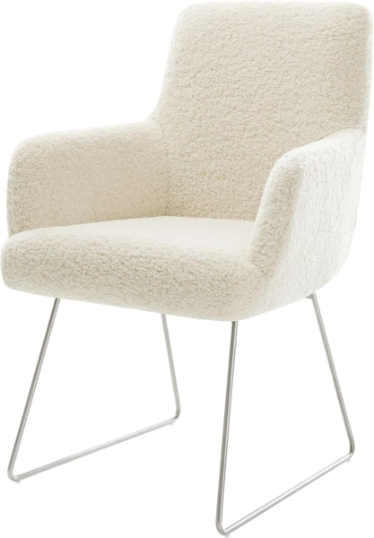 Esszimmerstuhl Heira-Flex mit Armlehnen Teddystoff Beige Kufengestell Edelstahl Taschenfederkern