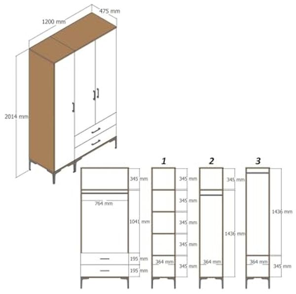 Dmora Kleiderschrank 3 Türen Shaula 120x47,5 cm Braun 2 Regale Bild 2