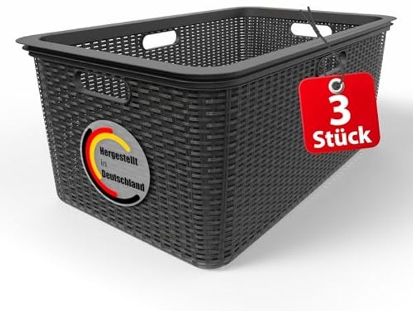 BigDean 3 Stück Wäschekorb 59x39x26 cm Rattan Design – Wäschewanne Made in Germany