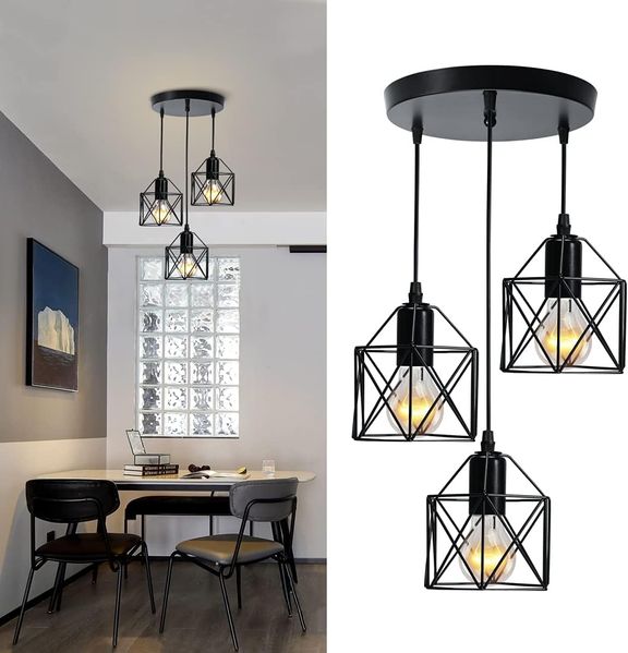 EMKE Pendellampe Vintage 3 flammige Retro Hängelampe Deckenleuchter Metallschirm E27 Schwarz, geeignet für Wohnzimmer, Esszimmer und Schlafzimmer