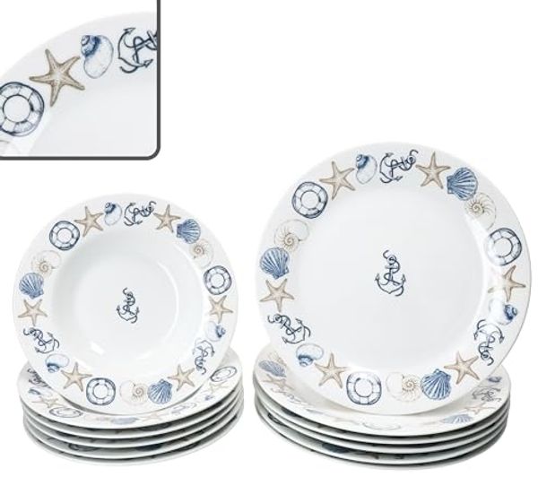 MamboCat Tafelservice Neptun 12tlg Tafelservice Porzellan 6 Pers Speiseteller Suppenteller, Porzellan