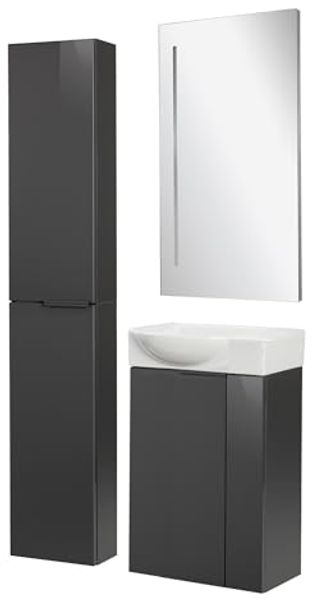 FACKELMANN SBC LUNA Gäste WC Set 4-teilig 45 cm breit, Anthrazit, Waschbecken Keramik Weiß + LED Spiegel + Hochschrank slim, Türanschlag links