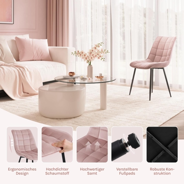 WOLTU 4 x Esszimmerstühle 4er Set Esszimmerstuhl Küchenstuhl Polsterstuhl Design Stuhl mit Rückenlehne, mit Sitzfläche aus Samt, Gestell aus Metall, Rosa, BH142rs-4 Bild 5