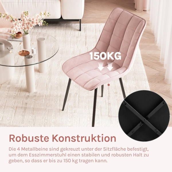 WOLTU 4 x Esszimmerstühle 4er Set Esszimmerstuhl Küchenstuhl Polsterstuhl Design Stuhl mit Rückenlehne, mit Sitzfläche aus Samt, Gestell aus Metall, Rosa, BH142rs-4 Bild 8