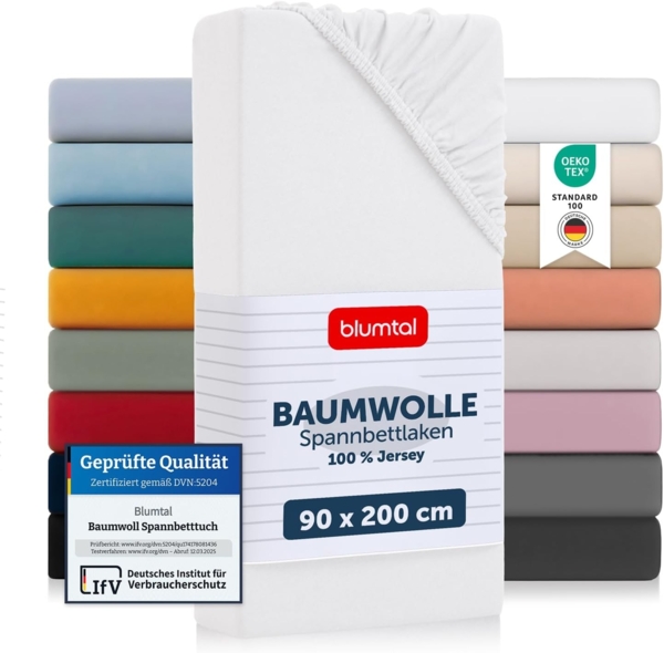 Blumtal® Basics Jersey (2er-Set) Spannbettlaken 90x200 cm -Oeko-TEX Zertifiziert, 100% Baumwolle Bettlaken, bis 20cm Matratzenhöhe, Weiß