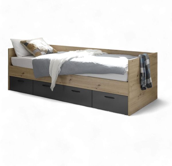 Stella Trading Liam Modernes Einzelbett mit 3 Schubkästen 90x200 cm - Praktisches Jugendzimmer Kojenbett in Artisan Eiche Optik, Graphit - 95 x 65 x 204 cm (B/H/T)