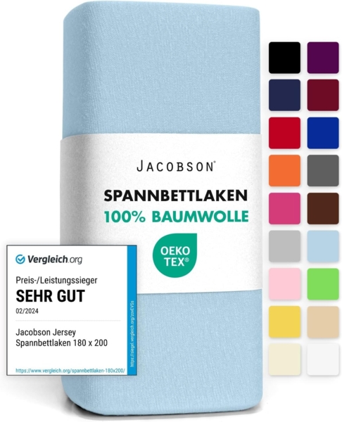 Jacobson Jersey Spannbettlaken Spannbetttuch Baumwolle Bettlaken (90x200-100x200 cm, Hellblau)