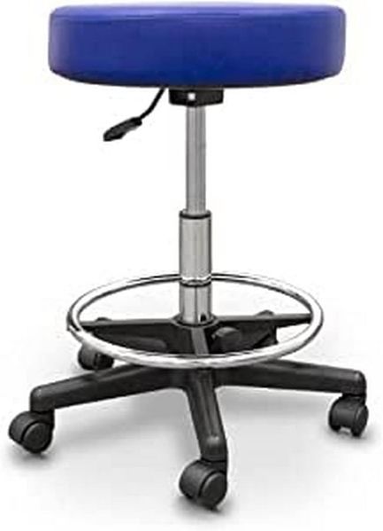 QUIRUMED Verstellbarer Polsterhocker, mit Fußstützenring, verstellbar und Gaslift, Blaue Farbe, Kunstleder, drehbar, bis 135 kg
