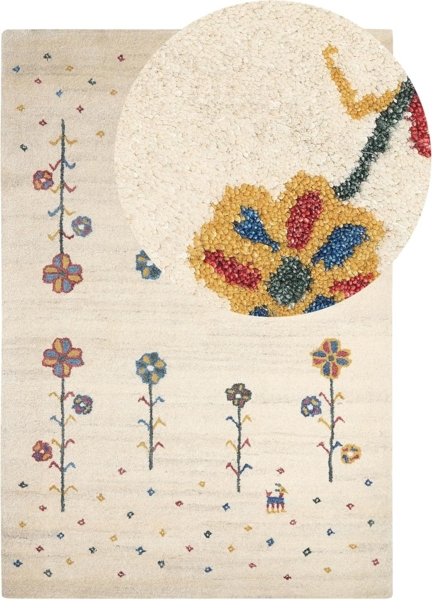 Gabbeh Teppich Wolle beige 140 x 200 cm Blumenmuster Hochflor HUSUNLU