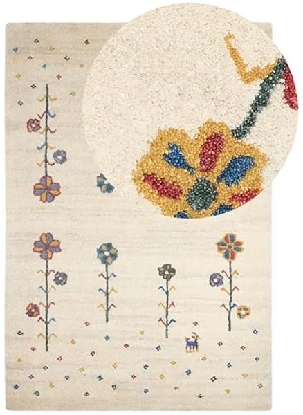 Gabbeh Teppich Wolle beige 140 x 200 cm Blumenmuster Hochflor HUSUNLU