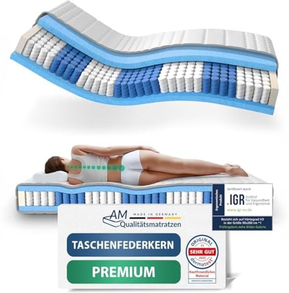 AM Qualitätsmatratzen Hochwertige 7-Zonen Taschenfederkernmatratze 70x200 cm - 24 cm Premiumhöhe - Tonnentaschenfederkernmatratze 70x200 cm - H3