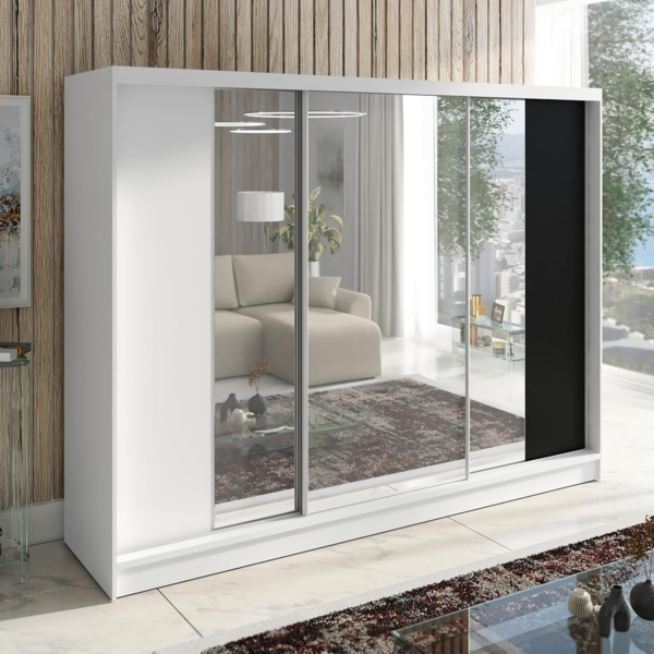 Schwebetürenschrank VENA 3-türig Schrank 200 cm (mit Spiegel) Farbe: Weiß , Schwarz