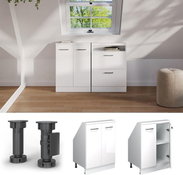 Küchenschrank für Dachschrägen R-Line Weiß Hochglanz 60 cm mit 2 Türen Vicco Bild 4