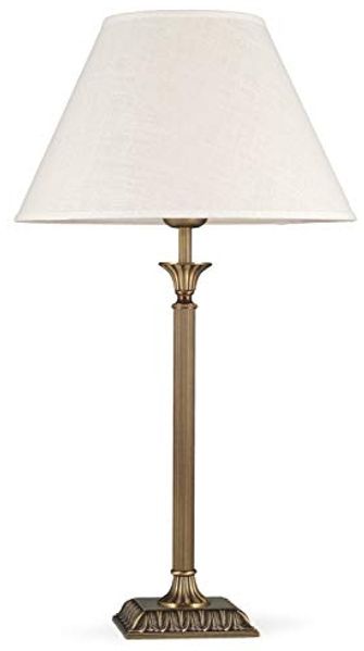 Helios Leuchten Tischleuchte Schreibtischlampe Messing antik Stoffschirm Leinen, Nachttischlampe Leselampe, echtes Messing Handarbeit