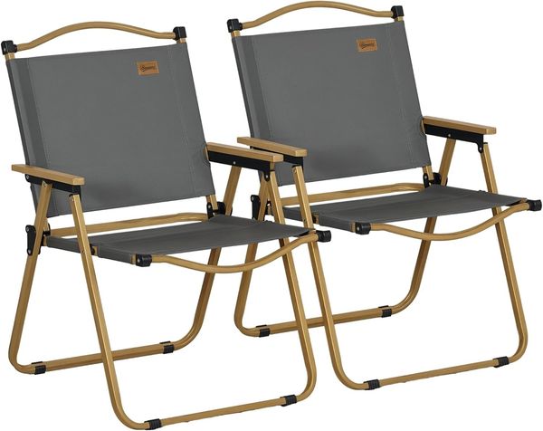 Outsunny Campingstuhl 2er Set faltbarer Gartenstuhl mit Stahlrahmen (Holzoptik, Klappsessel für Pool, Strand, 2 St), Oxfordstoff, Dunkelgrau