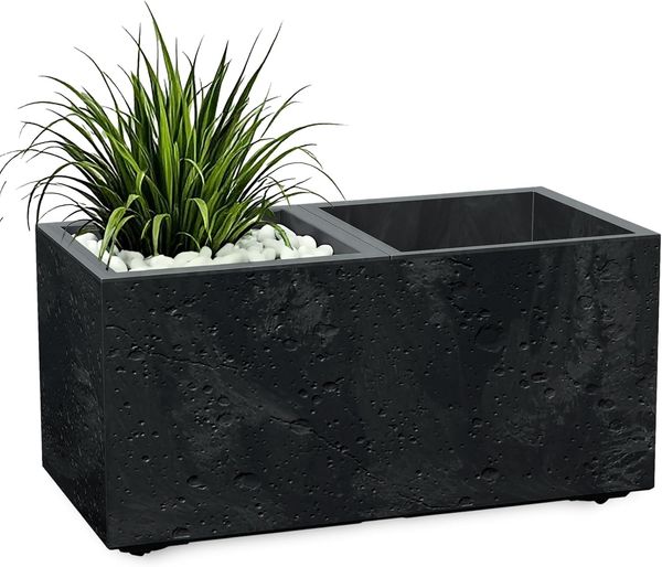 Spetebo Blumentopf Kunststoff Blumenkasten Beton Optik 2 Kammern auf Rollen (Anzahl, 1 St, Stück), 6 Rollen für flexible Platzierung