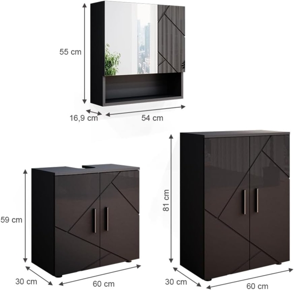 Badmöbel-Set Irma Anthrazit Hochglanz 3 Teile, mit Unterschrank 60 cm Vicco Bild 3