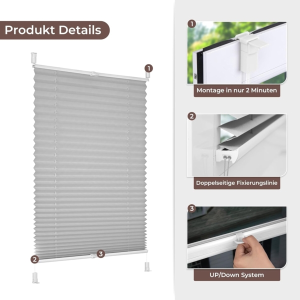 Allesin Plissee ohne Bohren Plissees Klemmfix Hellgrau 80x200 cm(BxH), Plisseerollo Faltrollo mit Klemmträger, Jalousie Rollos für Fenster und Tür, Sichtschutz und Sonnenschutz Bild 2