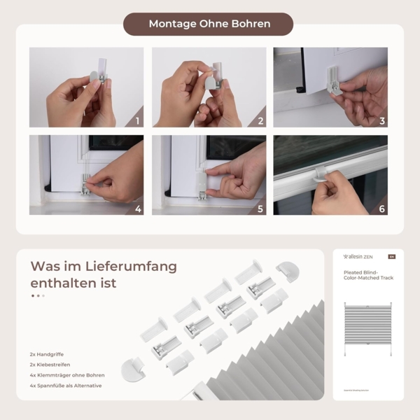 Allesin Plissee ohne Bohren Plissees Klemmfix Hellgrau 80x200 cm(BxH), Plisseerollo Faltrollo mit Klemmträger, Jalousie Rollos für Fenster und Tür, Sichtschutz und Sonnenschutz Bild 5