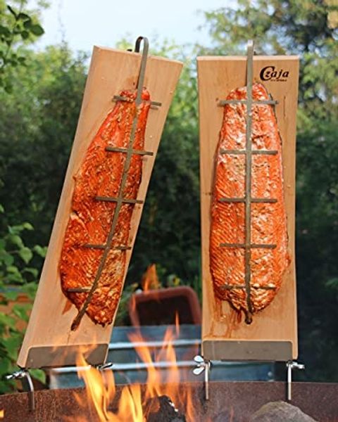 Czaja Räucherbrett Flammlachsbrett 2er Set aus Buchenholz mit Halterungen aus Edelstahl, Buchenholz und Edelstahl