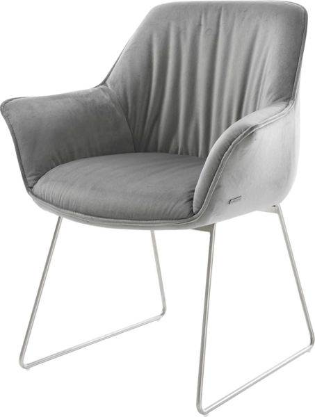 Esszimmerstuhl Keila-Flex mit Armlehnen Samt Grau Kufengestell Edelstahl