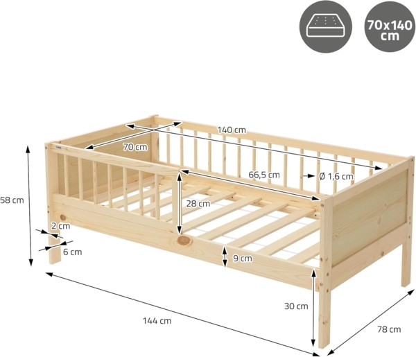 ML-DESIGN Kinderbett Bodenbett Juniorbett inkl. Lattenrost Einzelbett für Kinder Jugendbett, Junior-Bett mit Rausfallschutz Bettrahmen aus MDF / Kiefer Bild 2