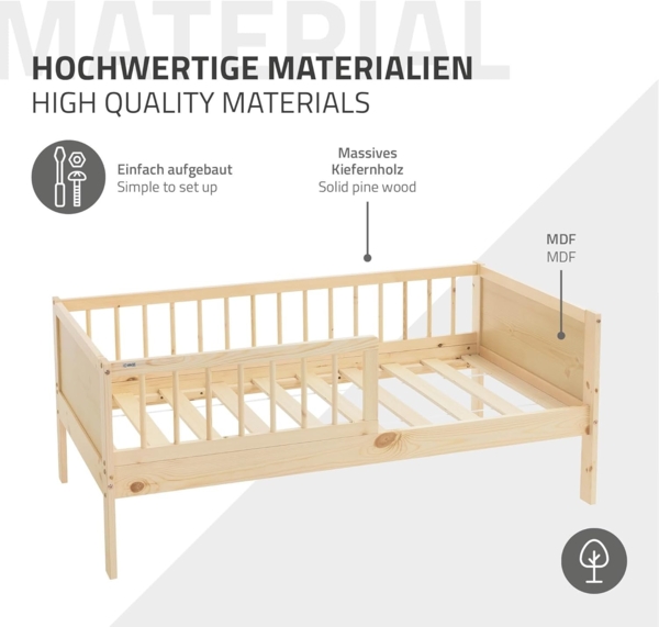 ML-DESIGN Kinderbett Bodenbett Juniorbett inkl. Lattenrost Einzelbett für Kinder Jugendbett, Junior-Bett mit Rausfallschutz Bettrahmen aus MDF / Kiefer Bild 6