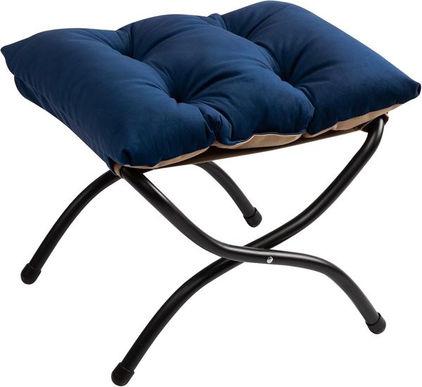 Fußhocker Fußstütze Klapphocker, HollyHOME Faltbar Sitzhocker mit Metallbeinen, Abnehmbar Gepolsterte Sitzfläche aus Samt, Dunkelblau (47 x 36 x 36 cm)
