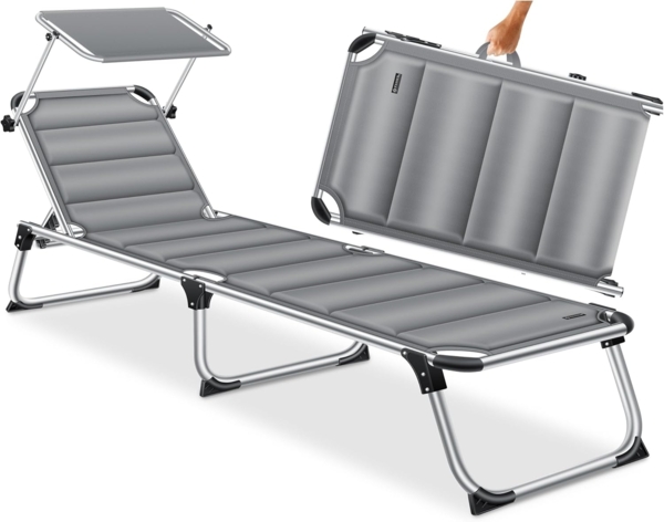KESSER® 'SUN' Sonnenliege, mit Dach, klappbar, verstellbare Rückenlehne, ergonomisch, gepolsterte Liegefläche, tragbar, Aluminium grau