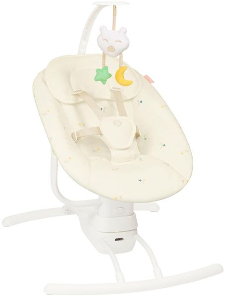 Badabulle Elektrische Babyschaukel Buddy Creme - 3 Schaukelgeschwindigkeiten, 8 Melodien, Spielbogen