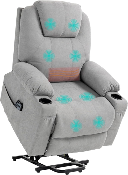 HOMCOM Massagesessel Elektrischer Aufstehsessel mit Seitentaschen (Fernsehsessel mit Fernbedienung, 1-St, Relaxsessel mit Liegefunktion), für Arbeitszimmer, Wohnzimmer, Hellgrau