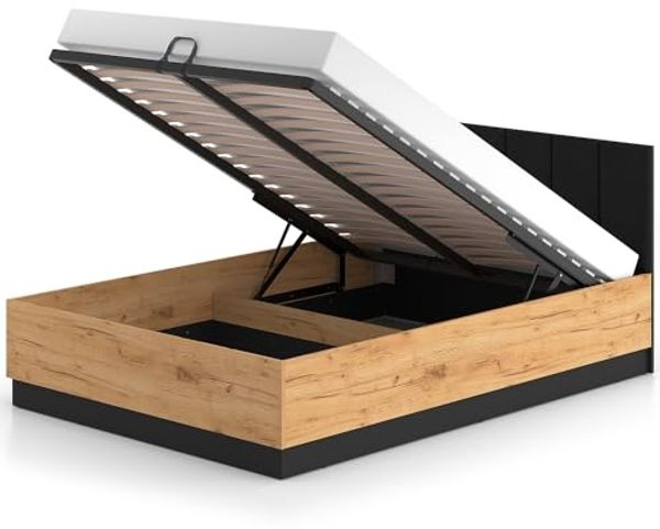 Lomadox Bettgestell URBANIA-131, Doppelbett Ehebett 140x200 cm modern Eiche mit gepolstertem Kopfteil