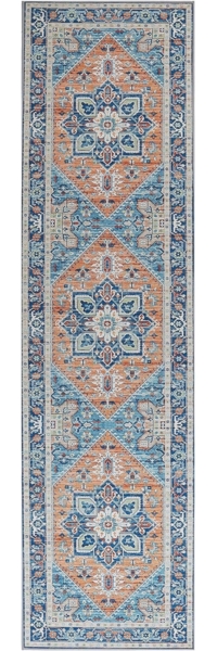 Teppich blau orange orientalisches Muster 80 x 300 cm Kurzflor RITAPURAM