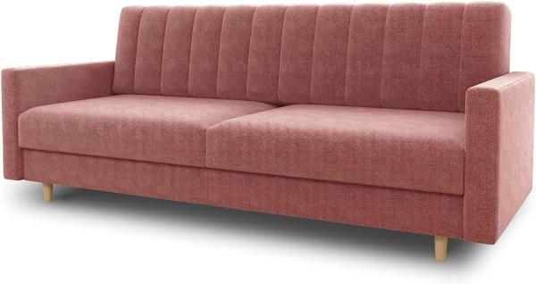 Schlafsofa Sara - Sofa mit Schlaffunktion und Bettkasten, Bettsofa mit Wellenfeder, Schlafcouch mit Holzfüße, Couch vom Hersteller, Couchgarnitur, Velours (Pink (Kronos 29))