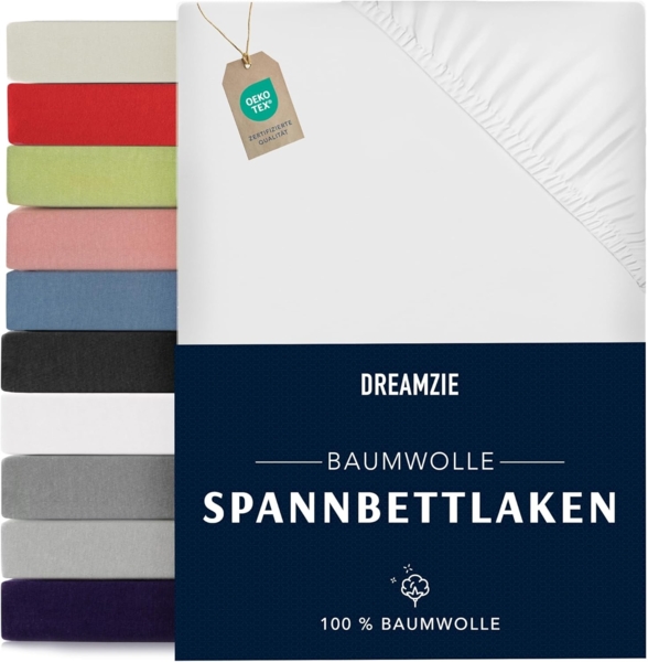 Dreamzie - Spannbettlaken 160x200 cm - Baumwolle Oeko Tex Zertifiziert - Weiß - 100% Jersey Spannbettlaken 160x200 cm Baumwolle